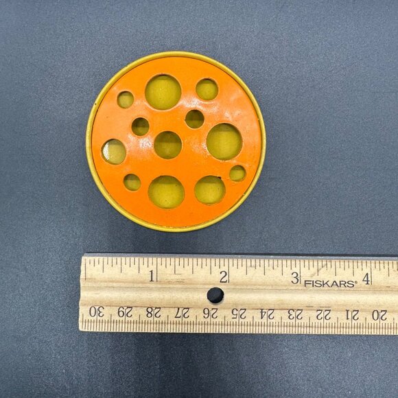 Vintage Brooch Pin 1960s Atomic Moon Orange Yellow Cut Out Dots Metal Enamel - Picture 9 of 9